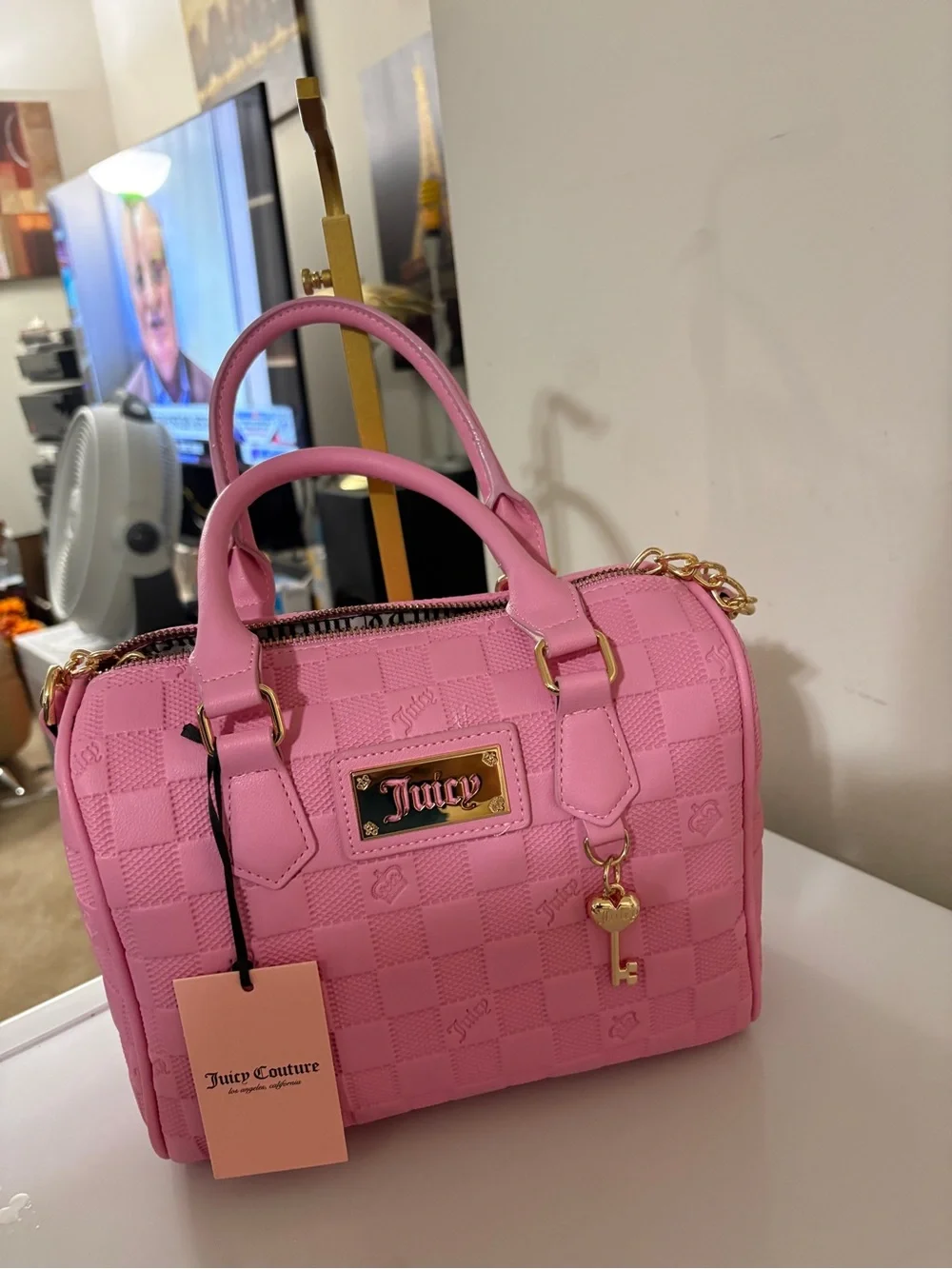 Juicy Couture Pink Quilted Checker Satchel with Gold Plaque